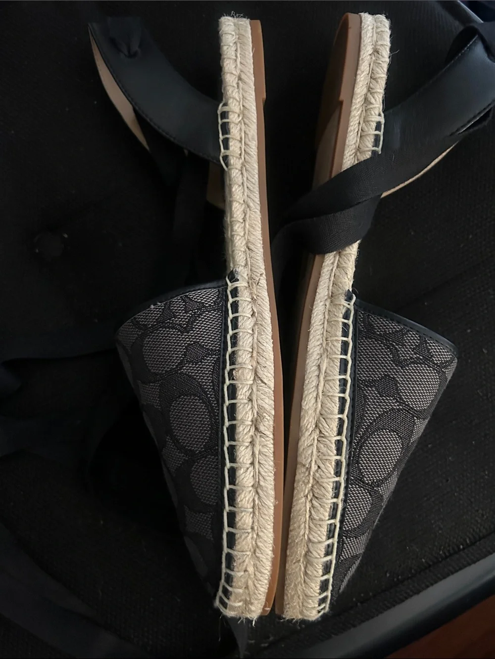 COACH Gray Signature Espadrille with Black Ribbon Ties